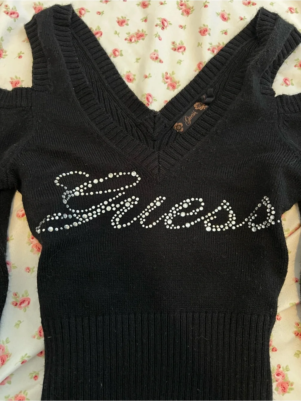 vintage guess black rhinestone long sleeve fitted sweater babydoll top
